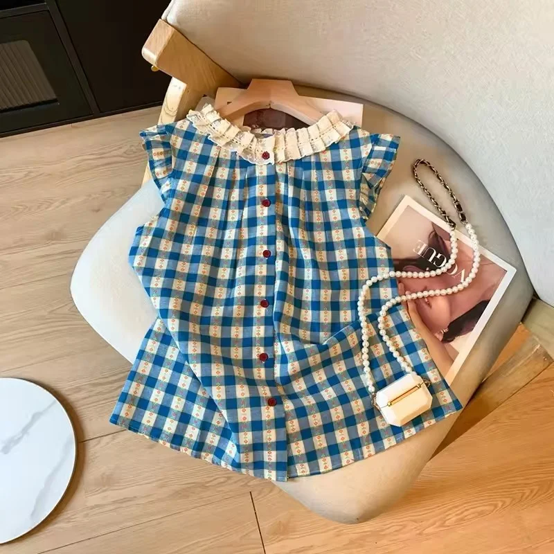 

Sweet Plaid Sleeveless Shirts Women Harajuku Floral Lace Patchwork Blouses Summer Print Flying Ruffle Sleeve Tops Casual shirt