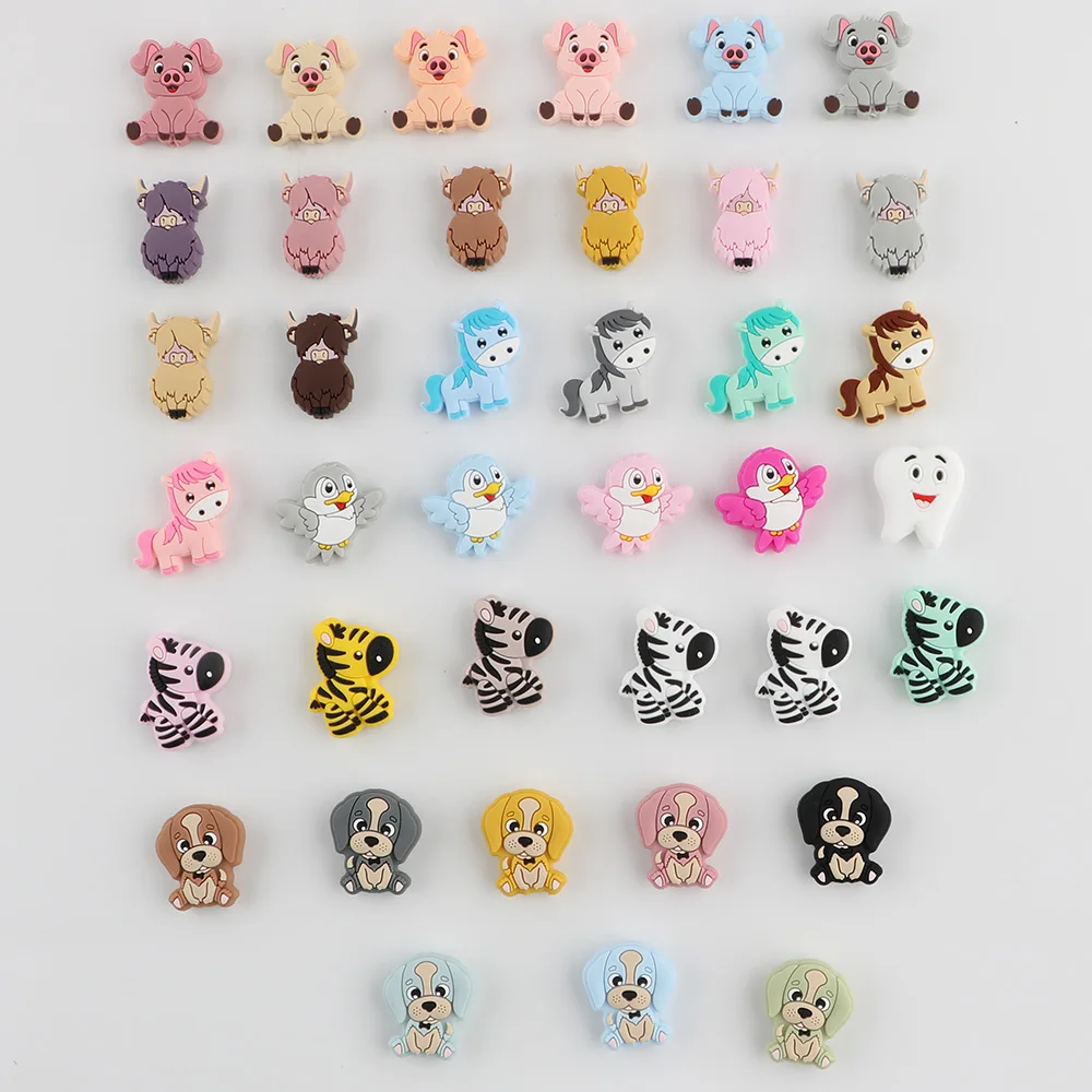 50/100 Pieces Baby Silicone Beads Brand Pig Yak Puppy Zebra Food Grade Pendant Teething Cute Toy DIY Pacifier Chain Accessories