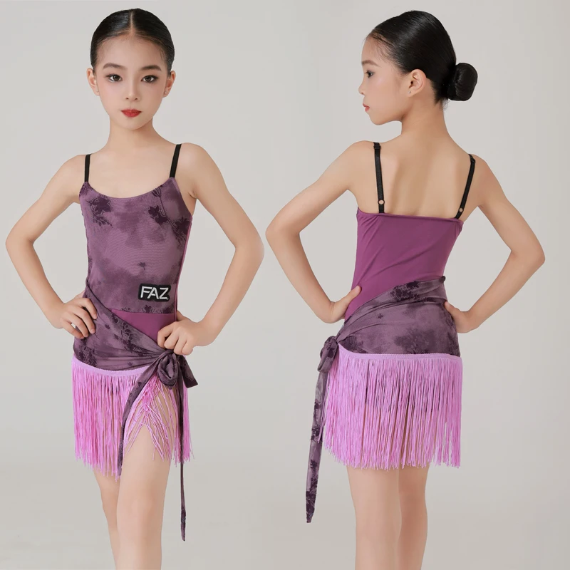 

2025 Purple printed tassel Latin dance costumes girls practice costumes dance practice costumes and performance