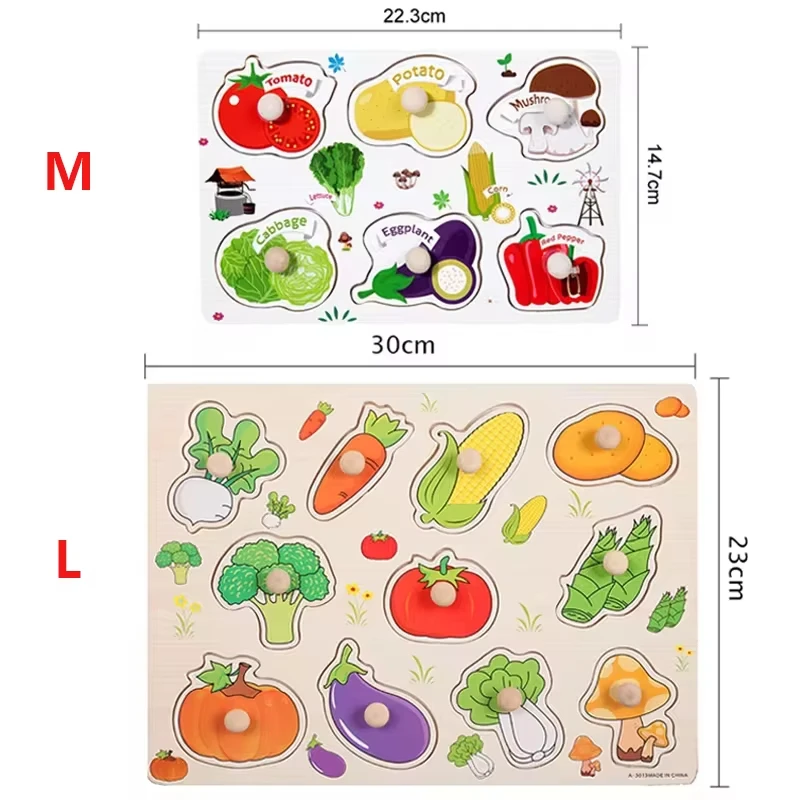 Mainan bayi puzzle pasak kayu Montessori mainan papan pegangan tangan mainan kayu puzzle Tangram Jigsaw kartun hewan buah 3D Mainan Edukatif