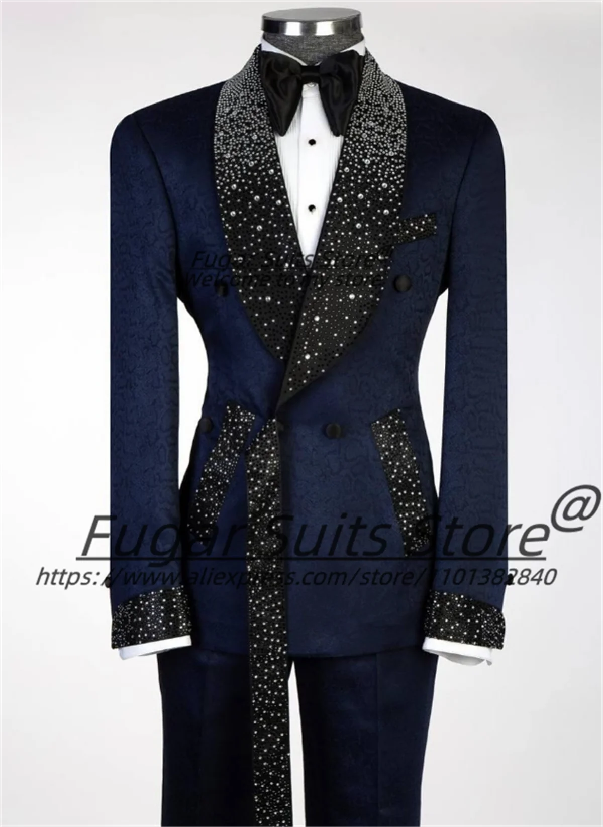 

Shiny Navy Blue Groom Wedding Tuxedos Customized Shawl Lapel Diamond Men Suits Male Formal Prom Blazers 2Pieces Sets Ropa Hombre