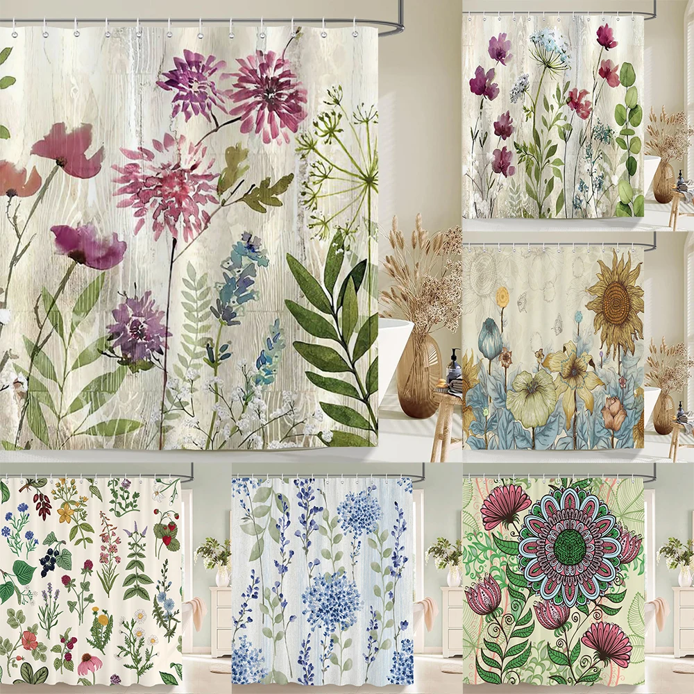

Waterproof Shower Curtain Retro Flowers Birds Plant Tree Frabic Bathroom Curtains with 12 Hooks Bathtub Screen Decoration