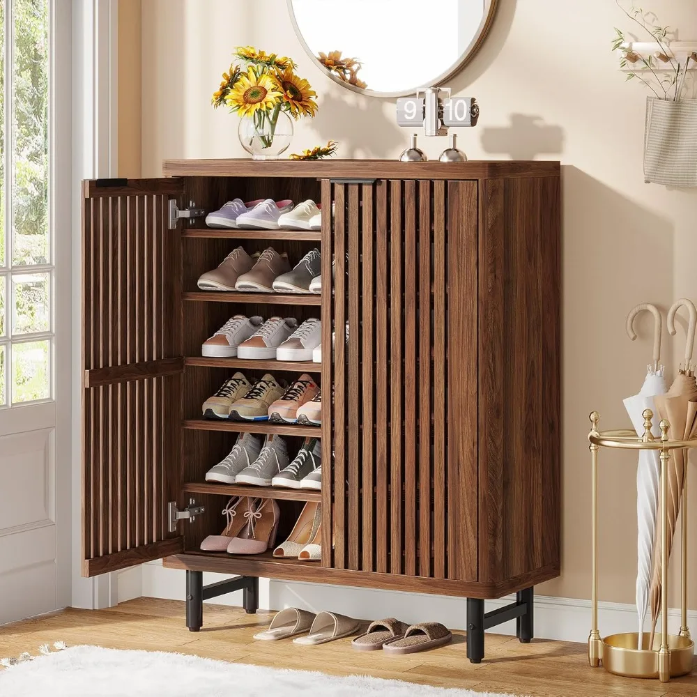 

Shoe cabinet with louvered doors, 6-story entrance shoe cabinet with adjustable shelves, modern wooden shelves