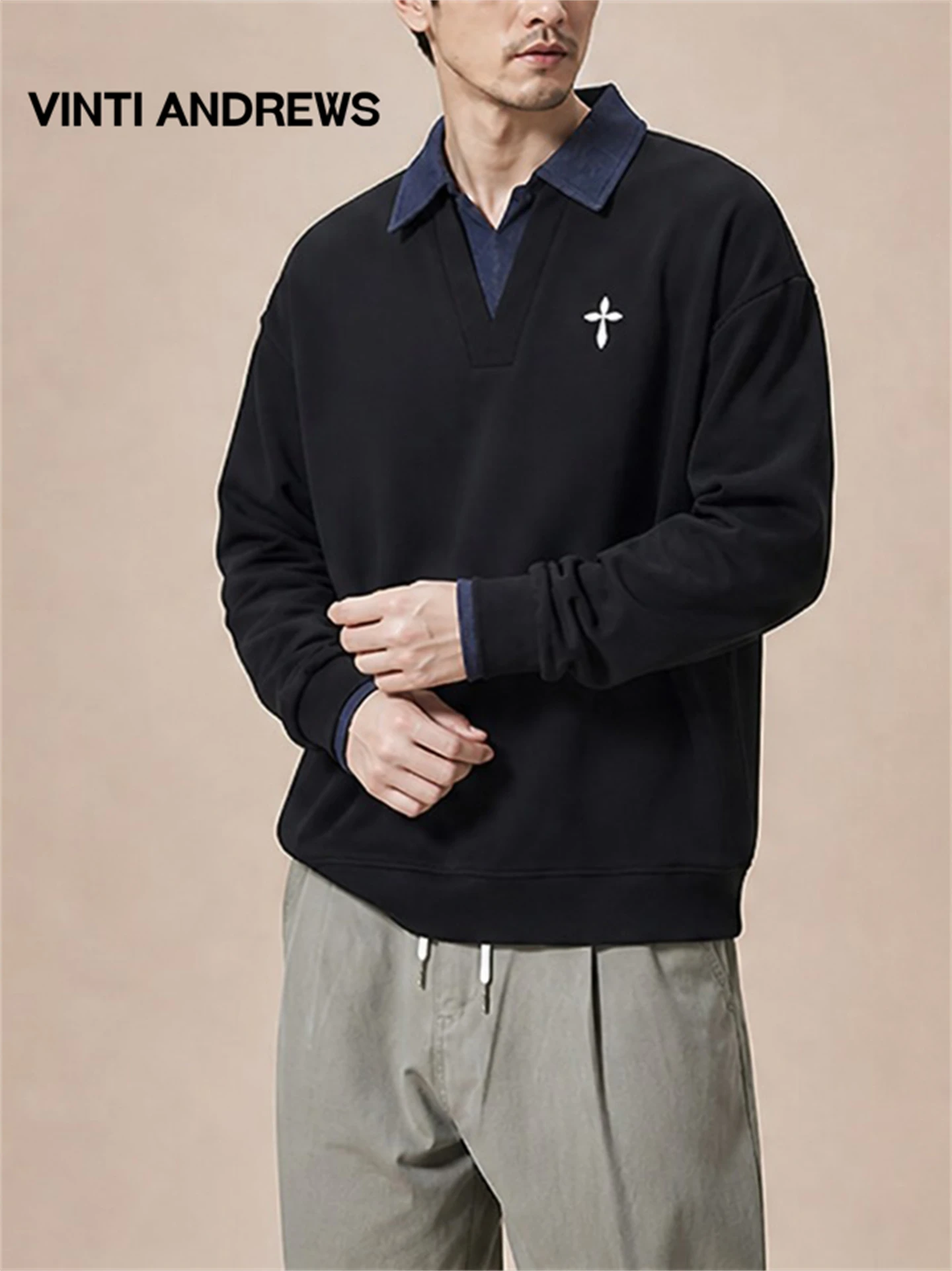 Camiseta de Manga Longa com Gola  VINTI ANS para Homens, Estilo Casual, Nova Coleção Outono/Inverno, Mistura de Algodão, ...