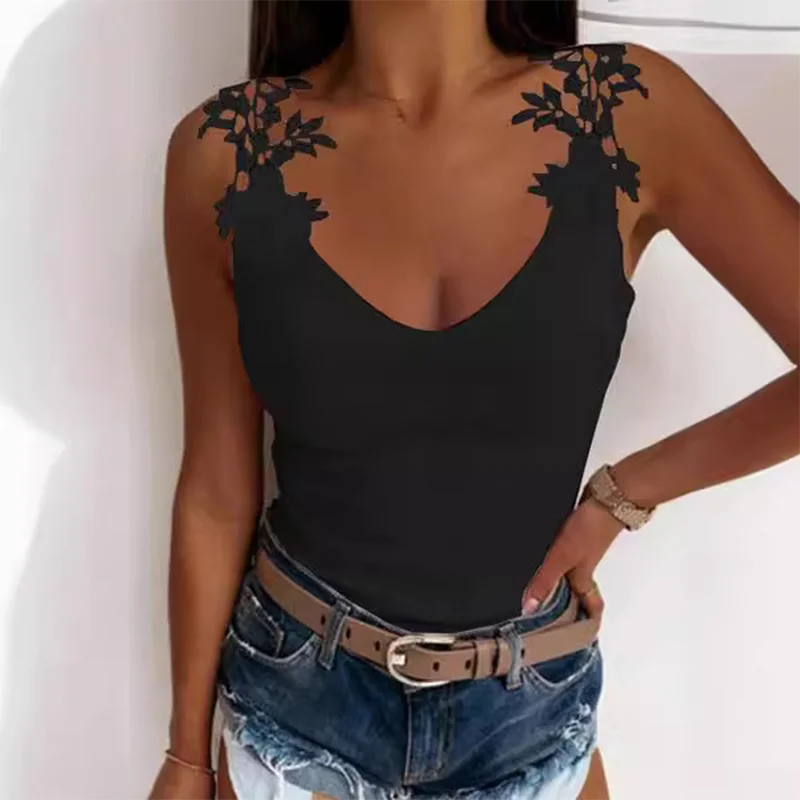 Lace Printed Monochromatic T-shirt for Women U-neck Sexy Suspender Vest Trendy Party Top Casual Lady Summer