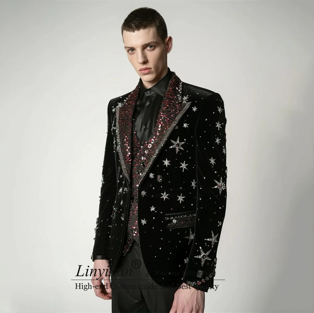 Shiny Men Suits For Wedding Luxury Beaded Crystals Groom Tuxedos 3 Pieces Sets Male Prom Blazers Party Slim trajes para hombre