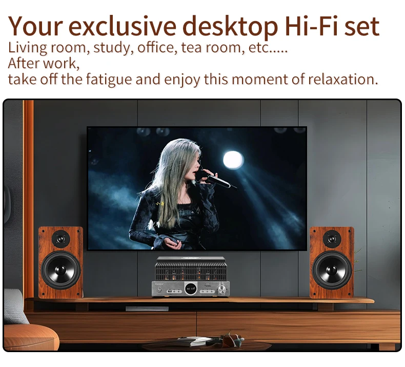 Hifi 2.0 Tube Amplifier Bookshelf Speaker System High-power 8-inch Speaker with BT,coaxial and Optical Interfaces.