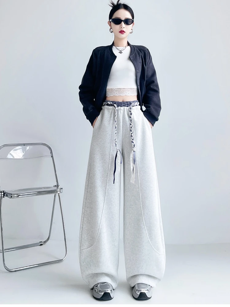 

American style plaid legged wide leg pants women's autumn winter loose street simple machete hip-hop sickle pants