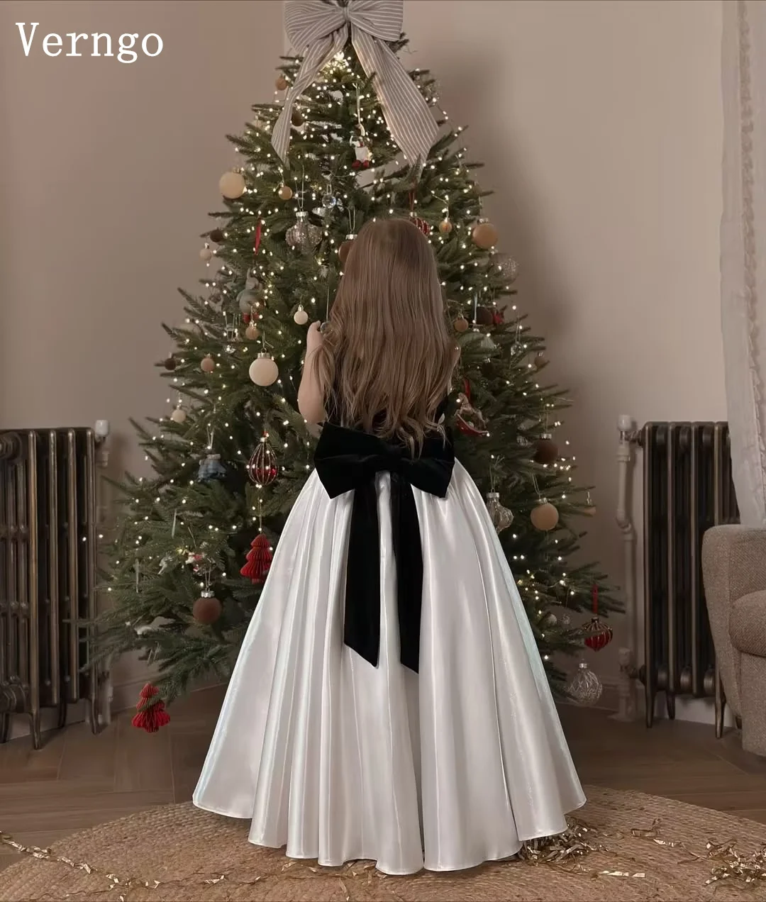 فستان Verngo lvory من الساتان للفتيات على شكل زهور برقبة دائرية على شكل حرف A فستان حفلات أعياد الميلاد بفيونكة الأميرة سويب تراين فساتين حفلات للأطفال مخصصة #2