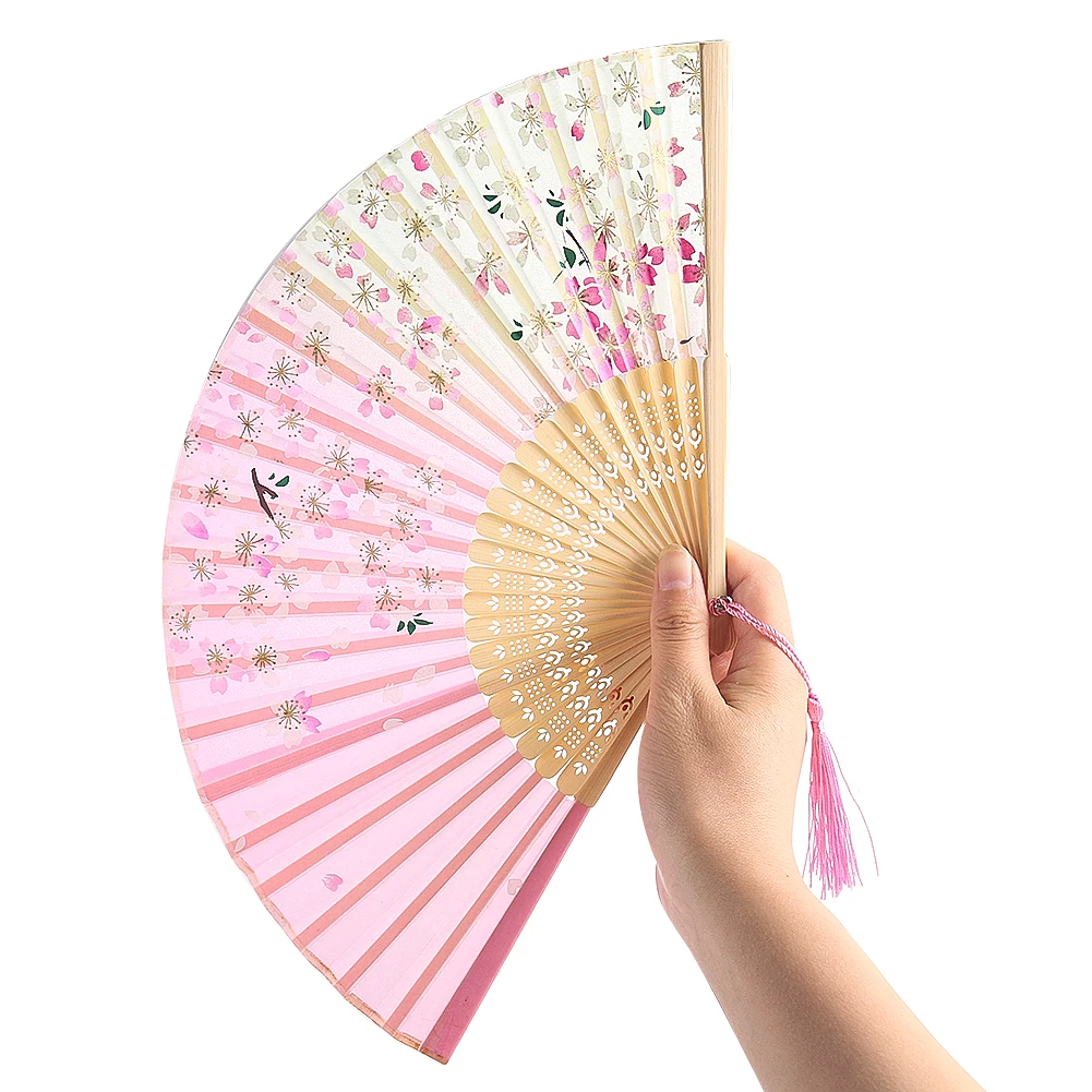 

Elegance Pink Cherry Blossom Flower Petal Openwork Wood Bamboo Handle Folding Stage Fan Classical Cheongsam Dance Prop Fan Decor