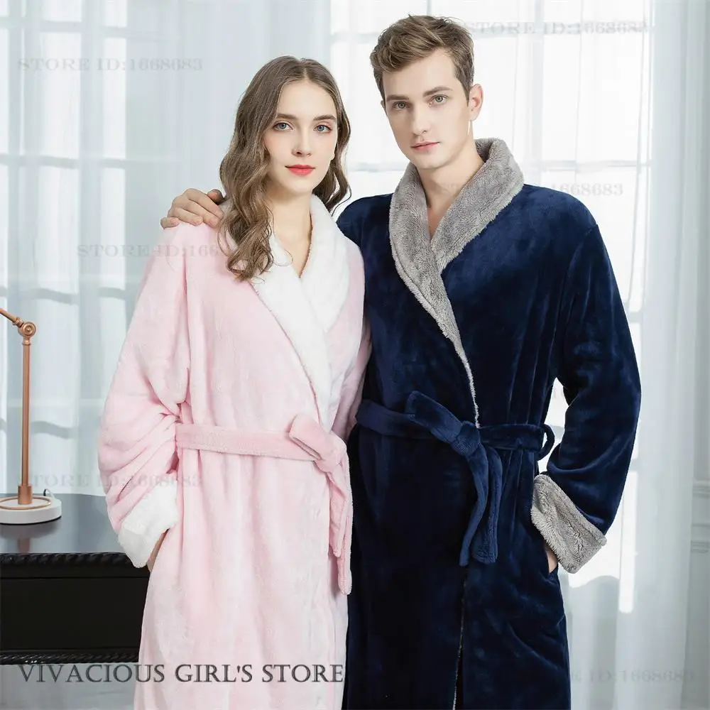 

Thicken Flannel Couple Long Robe Kimono Bathrobe Gown Autumn Winter New Lover Sleepwear Home Clothes Coral Fleece Lounge Wear