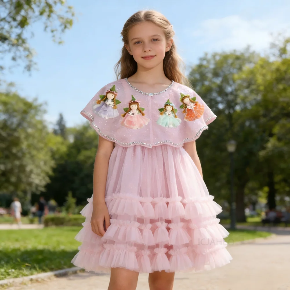 3D Flower Birthday Dresses Formal Party Kids' Dresses and Suits Pink Princess Dress Handmade Kids Clothing Slip Dress Shawl Set