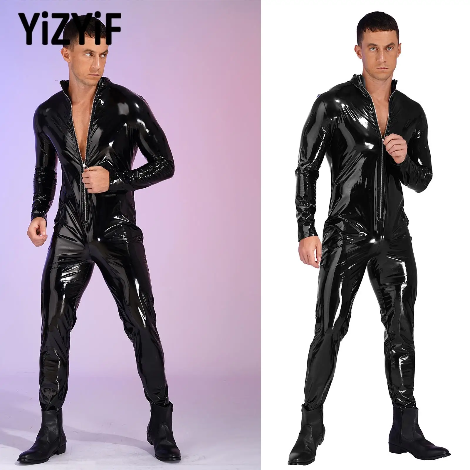 Mens Fashion Zipper Stand Collar Bodysuit Glossy Patent Leather Long Sleeve Jumpsuit Clubwear