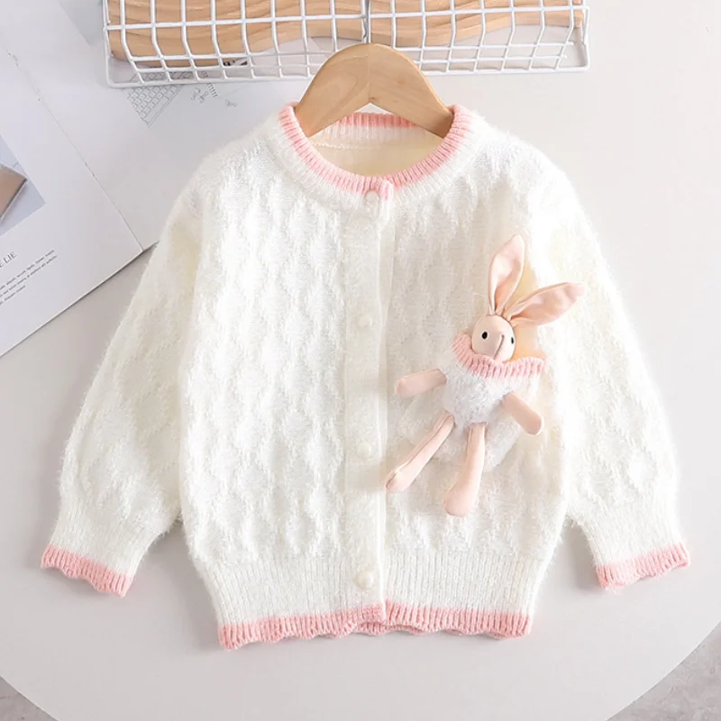 New Thickened Cartoon Pocket Rabbit Color Blocked Cute Warm Long Sleeved Sweater Jacket for Girls In Autumn and Winter