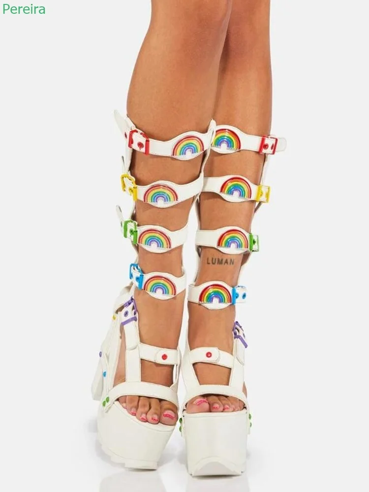 White Platform Rainbow Sandals 2024 New Arrival Solid Chunky Heel Round Toe Adjustable Buckle Fashion Sexy Good Leather Shoes