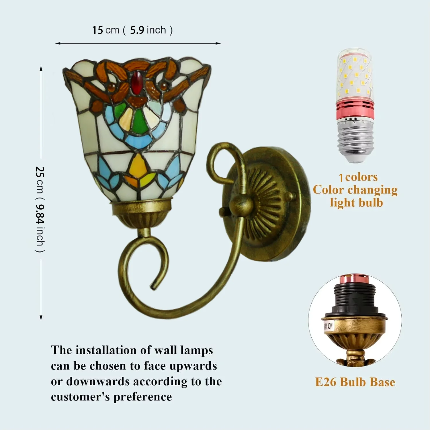 Luminária de Parede Artesanal de 8 Polegadas com Cúpula de Vidro Colorido e Fonte de Alimentação AC para Decoração Residencial