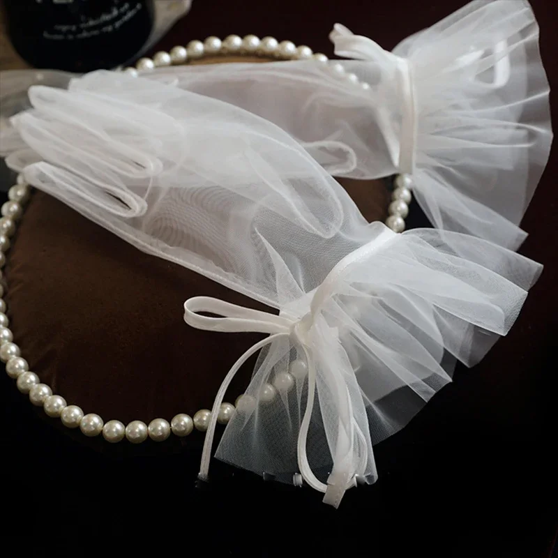 Exquisite Wedding Bridal Short White Lace Gloves Pearls Ruffle Edge Women Ladies Bride Bridesmaid Finger Wrist Handschuh image 6