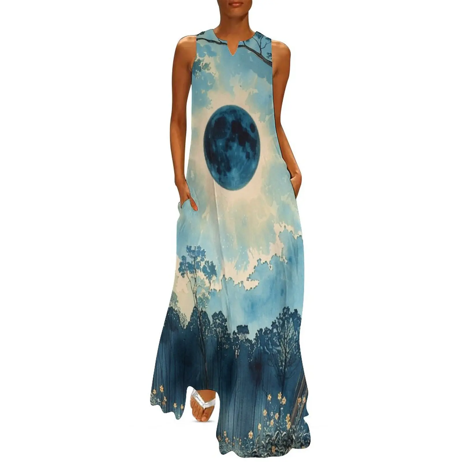 Eclipse over Pine Woods in Watercolor Long Dress party dress women elegant luxury elegant dresses plus sizes Dress