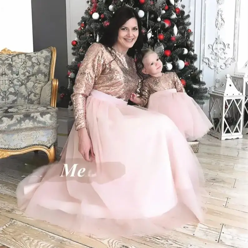 

Formal Sequins and Tulle Mommy And Me 1st Birthday Dress Long Sleeve Mother Daughter Matching Dresses Wedding Guest Dress