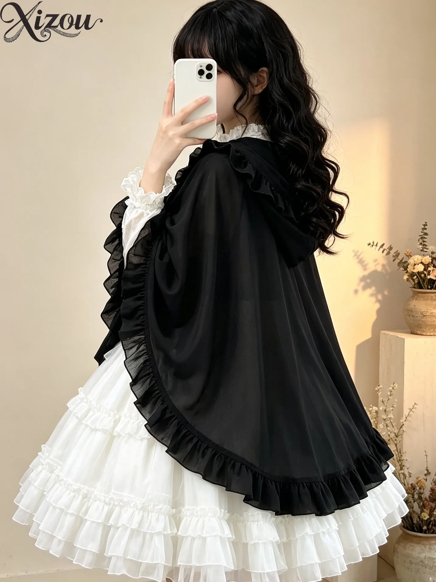 Women Solid Chiffon Lolita Cape Shawl Ruffle Trim Tie Front Loose Sun Protection Cardigan Sweet Summer Cover Up Spring 2026