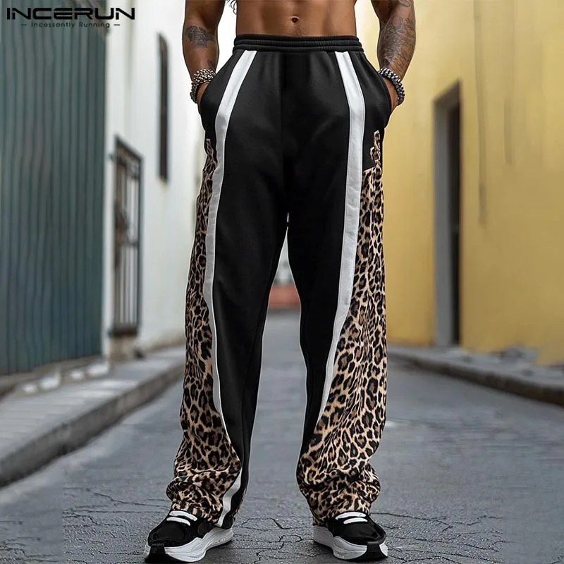 INCERUN Elastic Waist Soprt Style Loose Bottoms Handsome Leopard Printing Long Pants 2024 Men Casual Colorblock Maxi Trousers