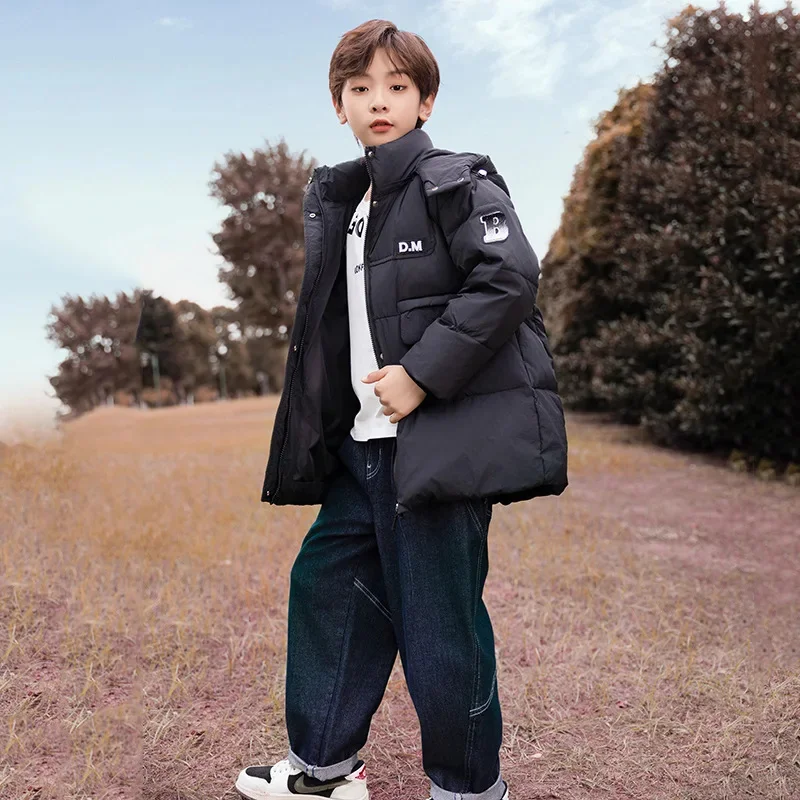 Kids Boys Girls Long Loose Thickened Duck Down Beige Blue Black Baby Coat Teenagers Hooded Padded Jacket Clothes Winter