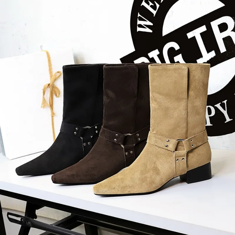 

Retro Suede Women's Boots Fashion Pointed Thick Heel Knight Boots for Women Designer Belt Buckle Women's Shoes Botas Para Mujer
