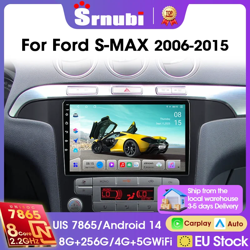 Autoradio Srnubi 9 pouces pour Ford S-MAX 2006-2015, lecteur vidéo multimédia avec navigation GPS, Carplay sans fil, Android Auto, unité principale 2 Din avec cadre, prise en charge audio DSP, commande au volant