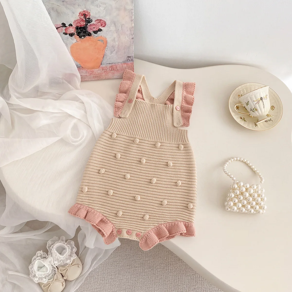 

Trendy New Casual Outfit Baby Knit Sweater with Pom-Pom Suspenders Romper Dress Infant Clothing