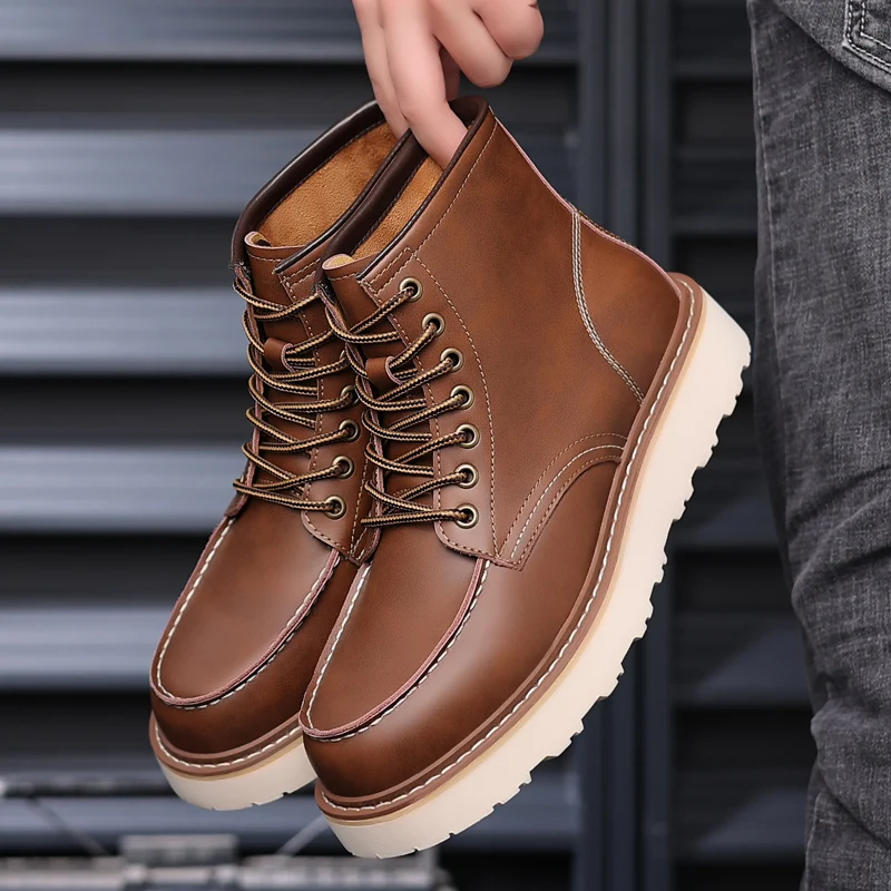 New Autumn Winter Handmade Vintage Men Shoes Real Leather British Tooling Ankle Boots Round Toe Lace-up Outdoor Motorcycle Boots