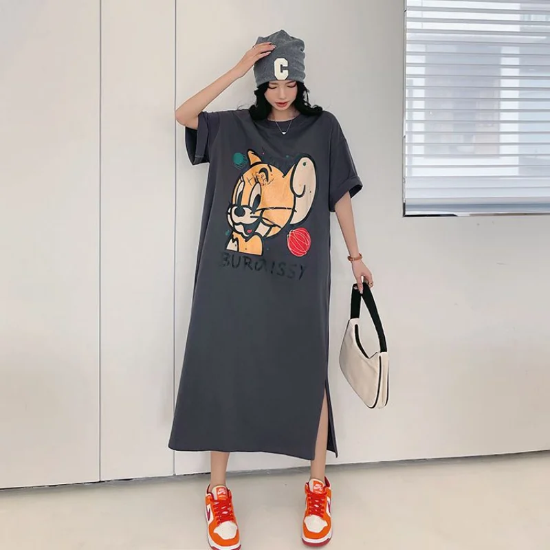 Trend Printing Loose T Shirt Dress Summer New Short Sleeve Solid Simplicity Fashion Midi Dress Casual Harajuku Women Clothing