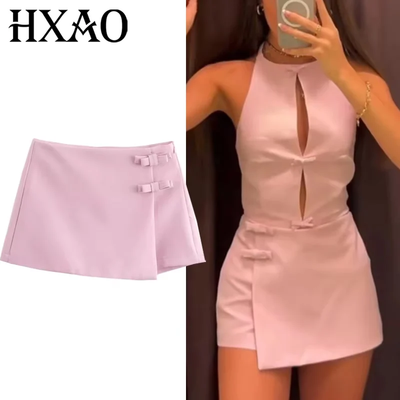 HXAO Bow Pink Skort For Women High Waist Mini White Skirt Pants Fashion Summer Women's Skort Streetwear Asymmetric Culottes