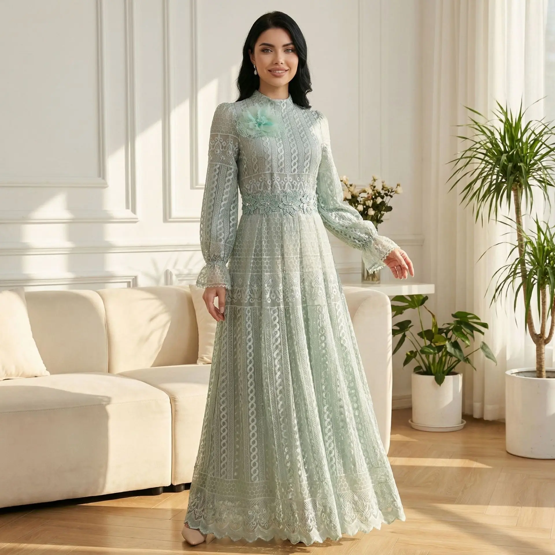 Muslim Women Elegant Lace Maxi Dress Double Layer Abaya Floral Embroidery Modest Dresses Kaftan Jalabiya Eid Islamic Clothing