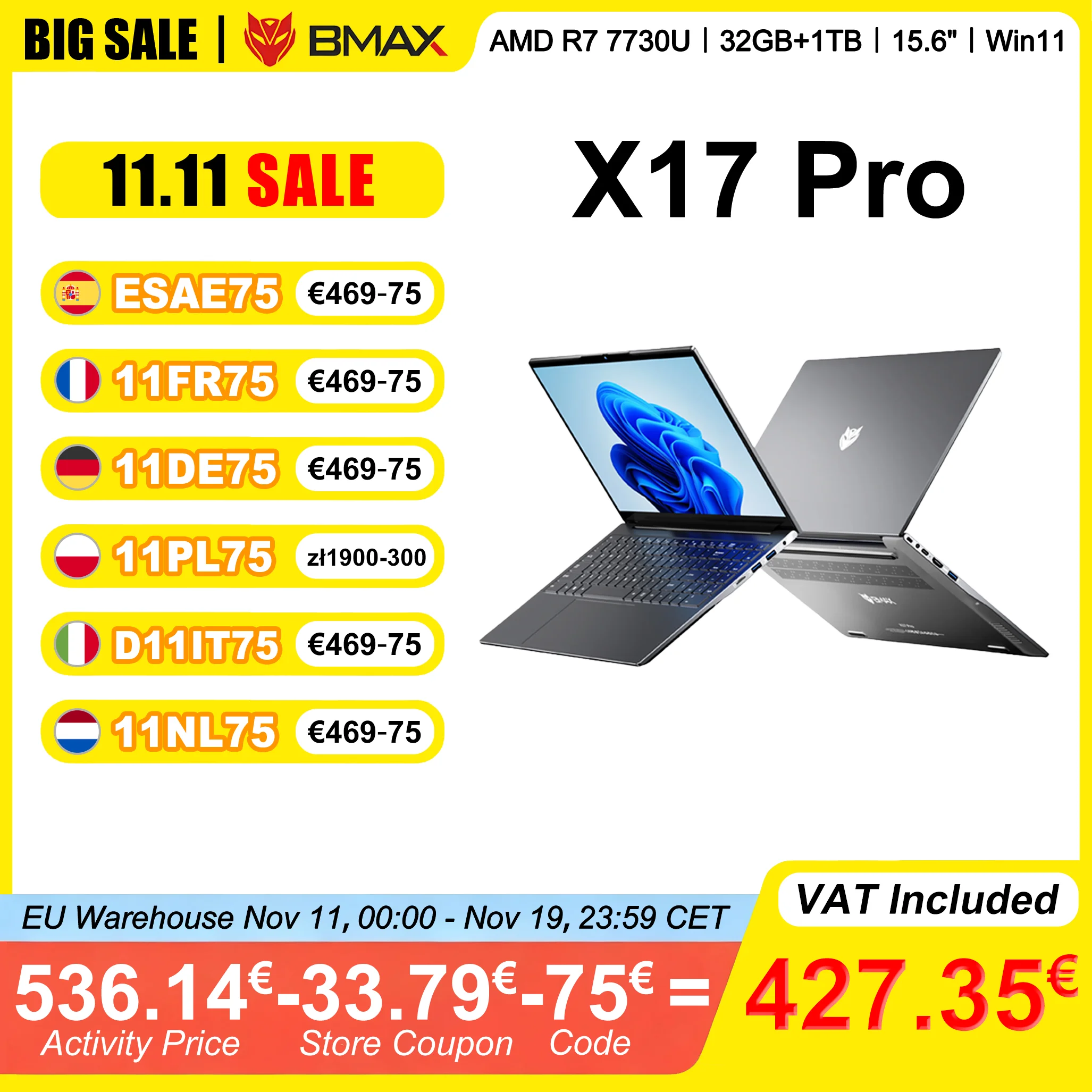 BMAX Laptop X17 Pro 15,6 Zoll Full HD 32 GB RAM 1 TB SSD AMD Ryzen 7 7730U Windows 11 Gaming und Business BT WiFi Typ-C Notebook