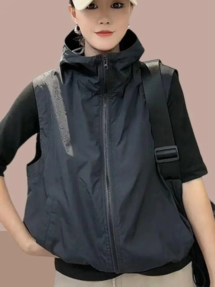 Zomer 2025, dames losse pasvorm, capuchon, zonwering, Jaet-vest, dun model, trendy woon-werkverkeer, ritssluiting, casual bovenkleding