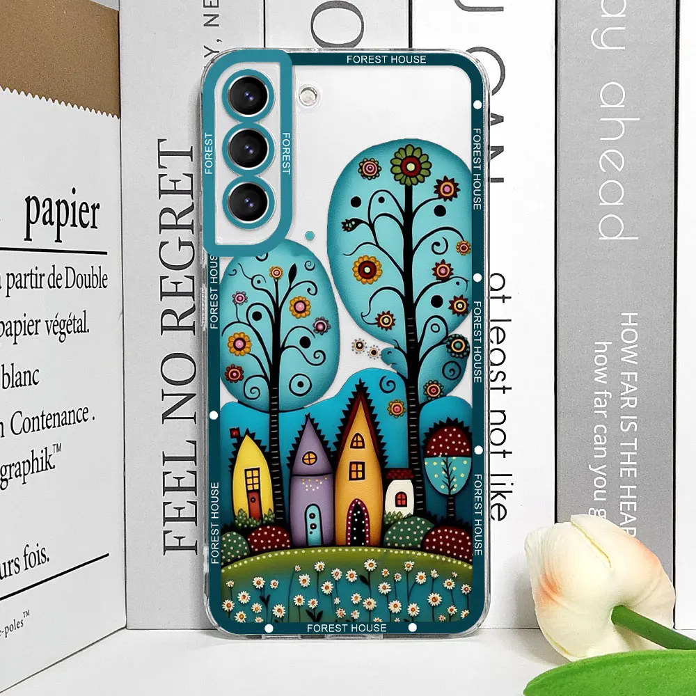Handbemalte Waldhaus-klare Handyhülle für Samsung A55 A54 A53 A51 A70 A32 A31 A22 A13 4G 5G Soft Cover Ästhetische Kunst Fundas