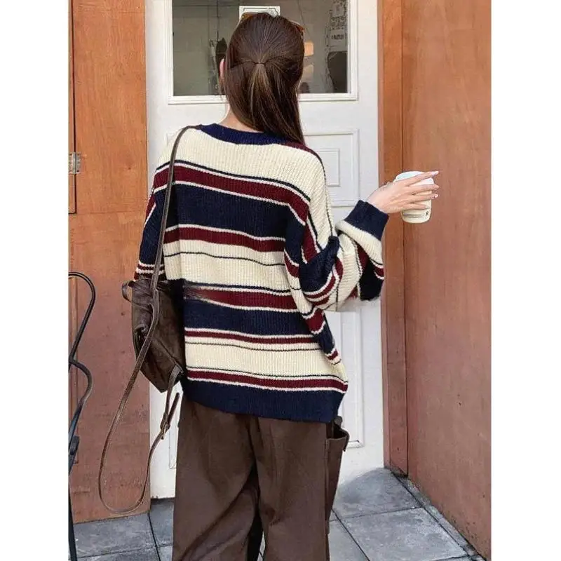 

ex Knitted Sweater Striped Color Blo Design Coolmax Fiber Ciwalk Collar Nine Sve Length Deformation Resistant