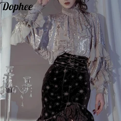 Dophee 2024 New Autumn Lady Batwing Sleeve Loose Blouses Elegant Ruffles Collar Retro Court Top Long Sleeve Women Shirts Party