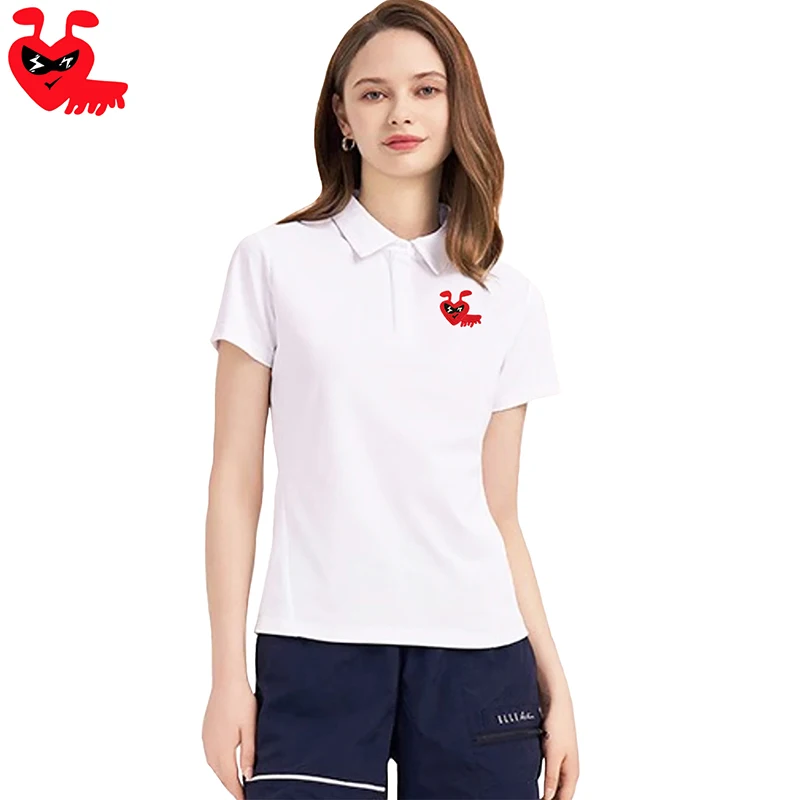 Break Egg Women POLO Shirt Cartoon Cute Glasses Ant Embroidery Cotton Short Sleeve Straight Lady Summer Solid POLO Shirt