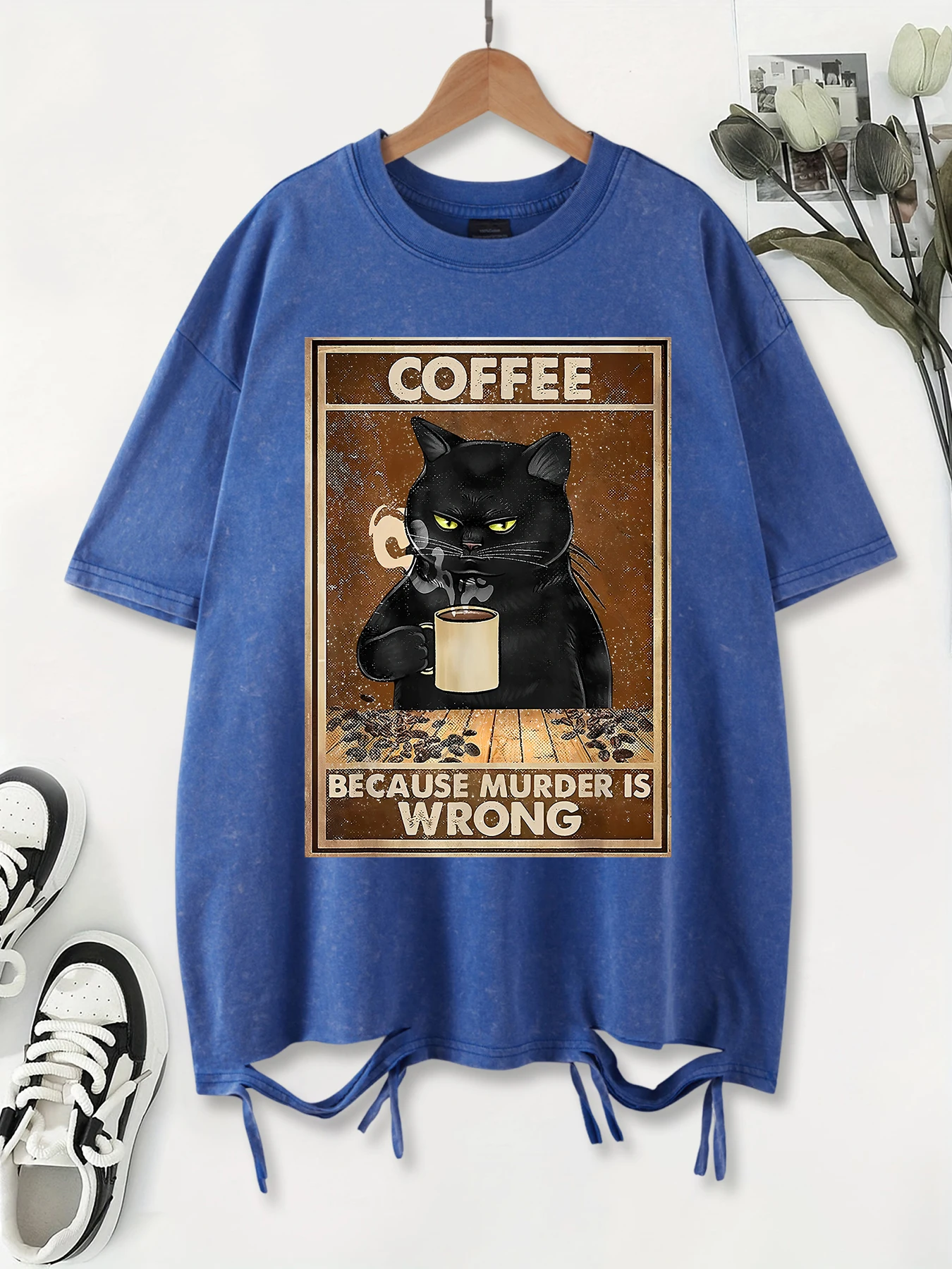 Coffee Because Murder Is Wrong Prints Washed T-Shirts Women Cottontops O-Neck Oversize Oversize Tops Summer Casual Woman Clothes