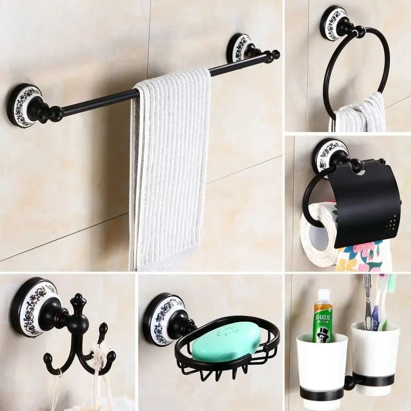 

Black antique towel rack, towel rack, all copper European retro bathroom storage rack, bathroom hardware pendant set