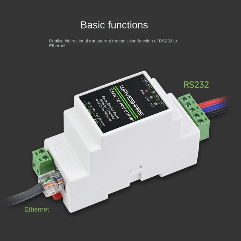 Waveshare Industry Rail Type Serial Server RS232 a RJ45 modulo Ethernet 300-115200Bps TCP/IP a modulo seriale