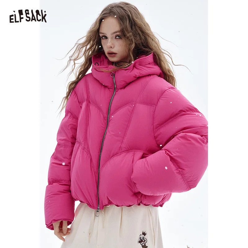 ELFSACK Women's Hot Pink Cropped Puffer Jacket with Stand Collar, Loose Fit Casual Outerwear for Winter, Cozy Streetwear Coat