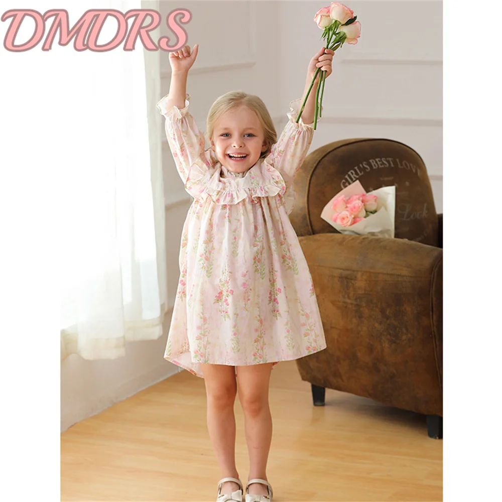 French Floral Fungus Lace Girls Dress 2025 Top Fashion Top Stand Collar Children's Clothing Long Sleeve Princess Dress