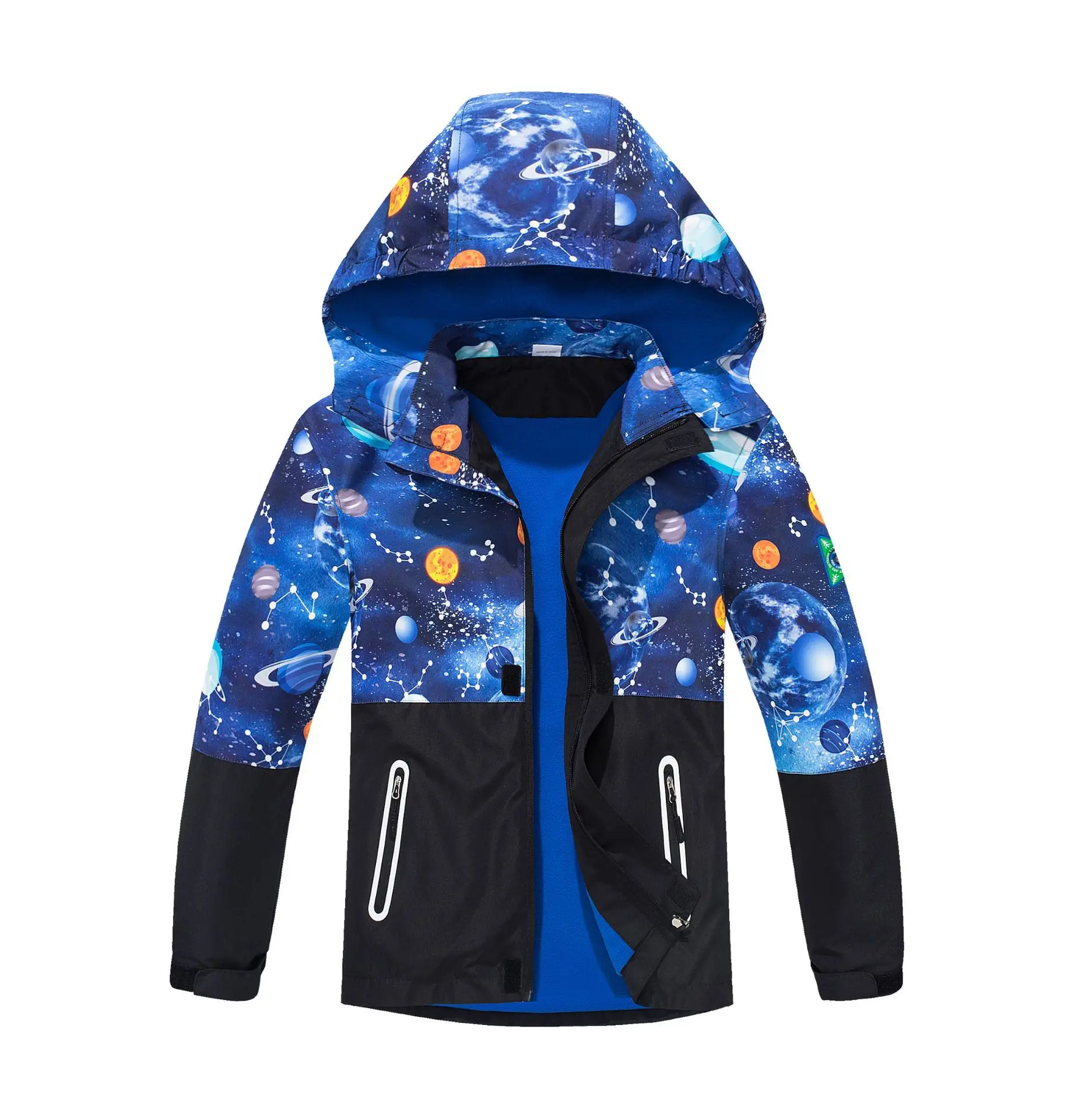 School Kids Outer Space Waterproof Contrast Fleece Lined Hooded Zip Hiking Jackets Child Outfit Tops Boys Windbreaker