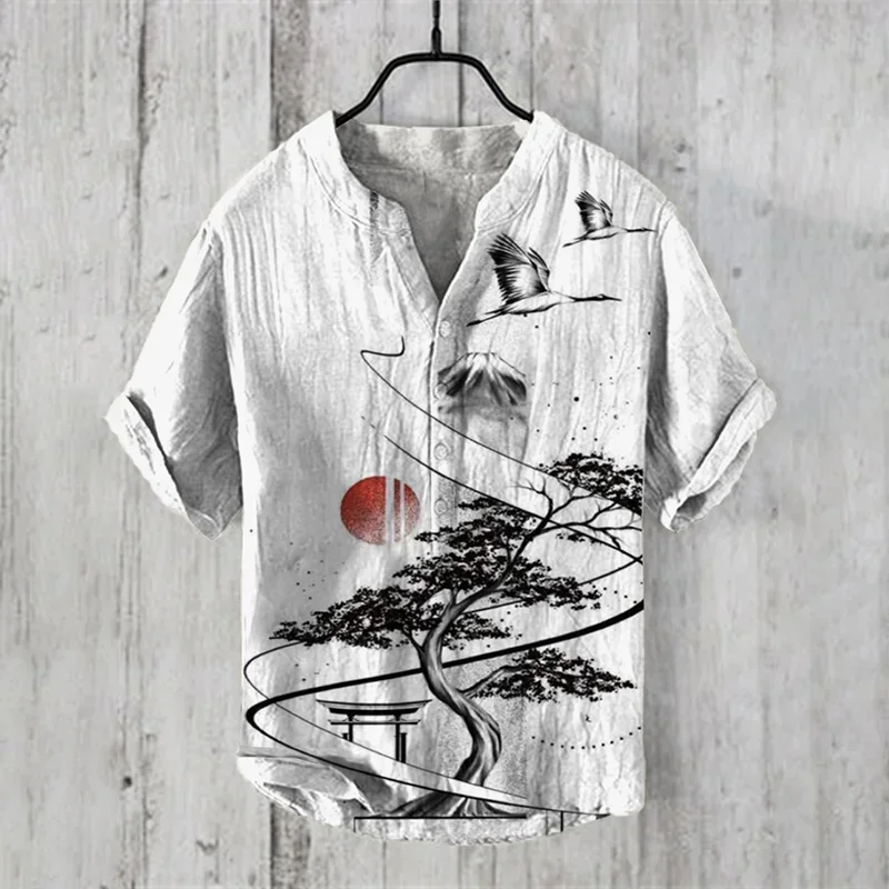 Men's Linen V-neck Shirt Hawaiian Men's T-shirt 2024 New 100% Linen Shirt HD Pattern Plus Size White Crane Landscape Painting