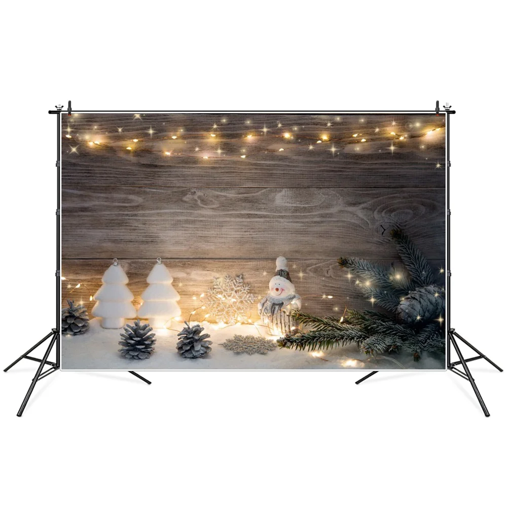 Fondos de fotografía personalizados con luces de muñeco de nieve de Navidad, conos de pino, tablones de madera, decoración de fiesta de bebé, fotomatón