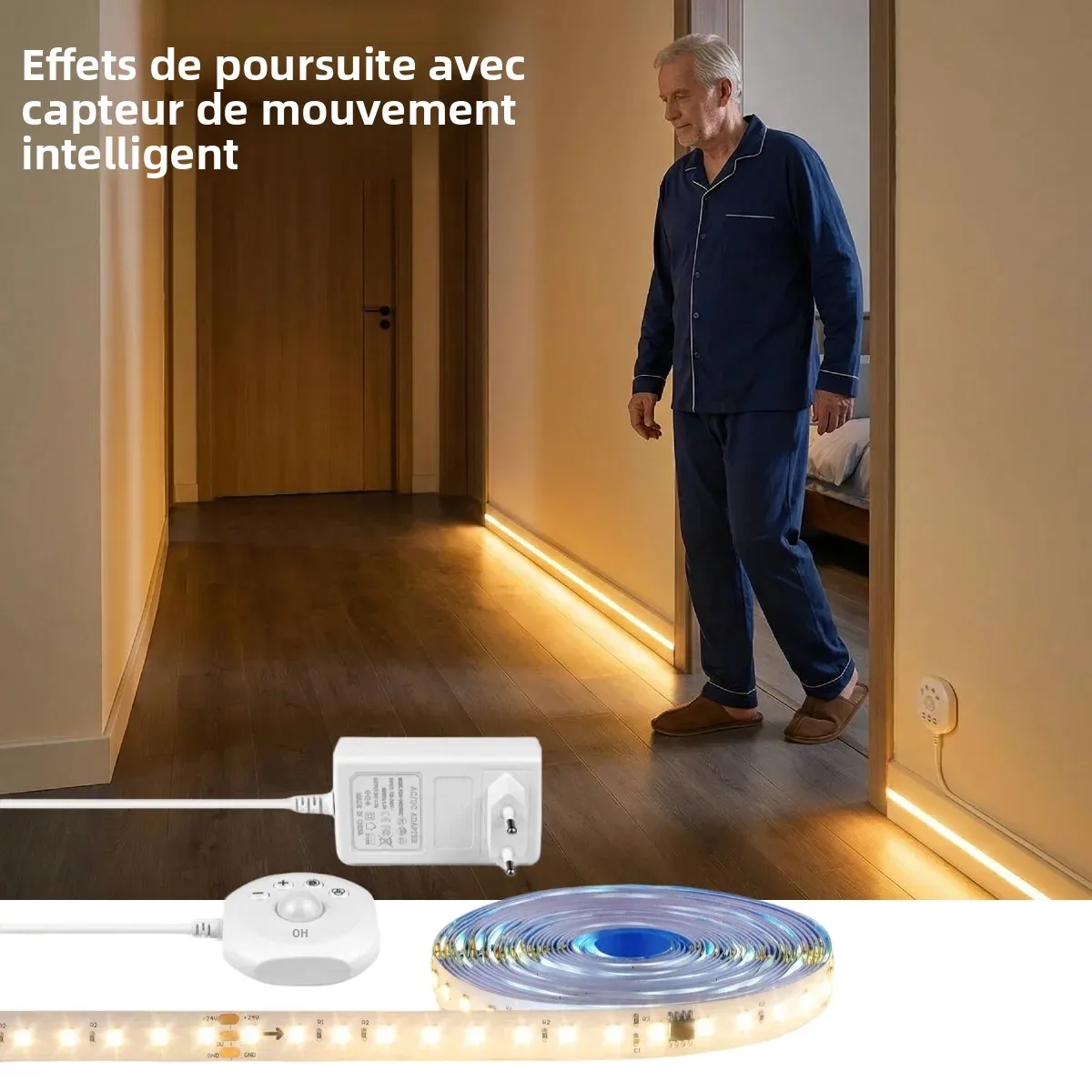 Bande lumineuse LED intelligente à effets dynamiques avec capteur de mouvement DC24V, luminosité réglable de 10 à 100 %, idéale pour les couloirs, les halls et les escaliers