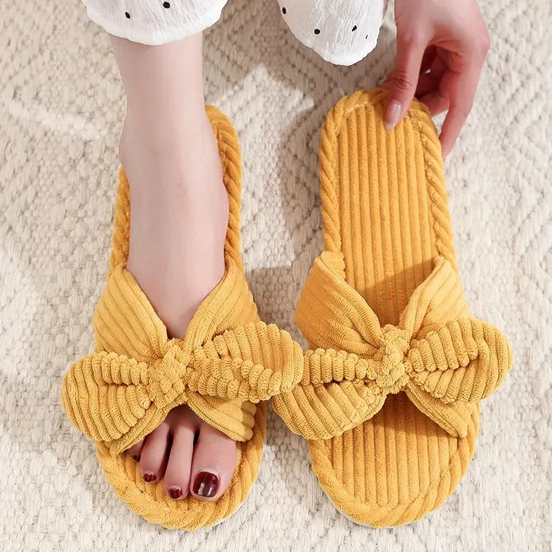 Women\'s Corduroy Bow Living Room Shoes Slippers Home Soft Casual Autumn Winter Silent Light EVA Anti Slip Herringbone Slippers