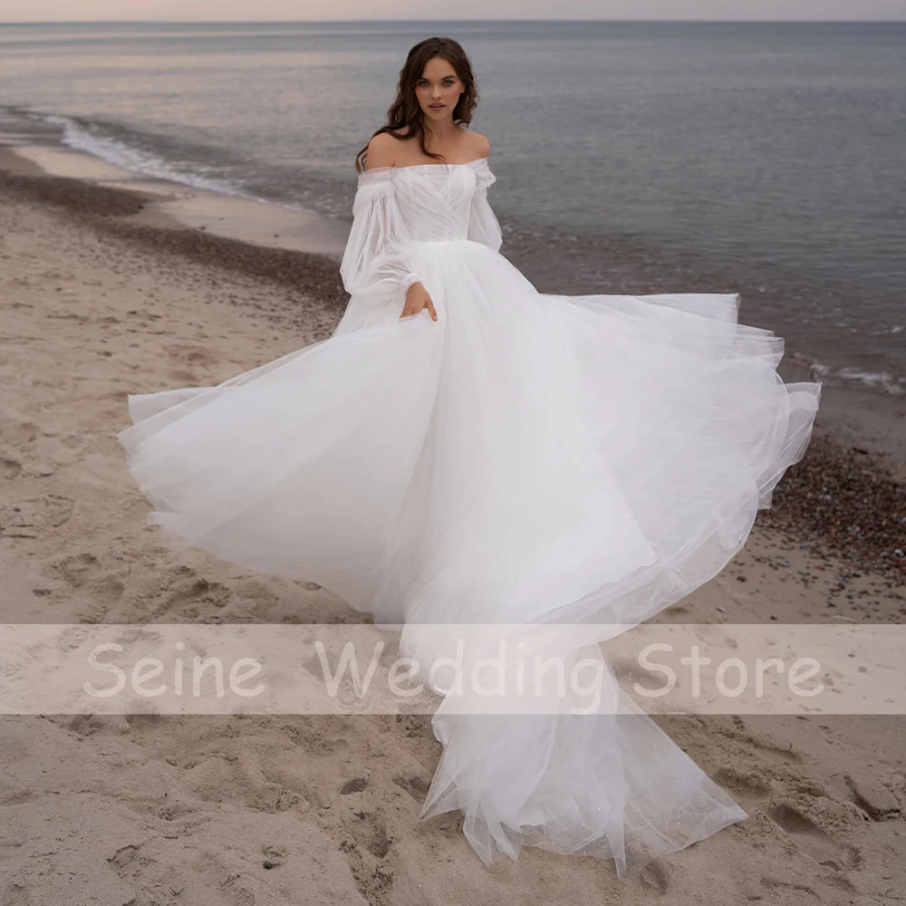 Simple Wedding Dresses Women 2022 Puff Sleeves Tulle Wedding Gowns Floor Length Sweep Train A-Line Bride Dress Robe De Mariee